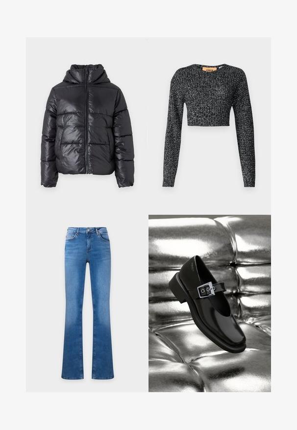 Zwarte pufferjas met een glanzende afwerking, ritssluiting aan de voorkant en hoge kraag. Beschikt over een horizontaal gestikt patroon en elastische manchetten.; JJXX JXCAMILLA - Trui - black; Blauwe spijkerbroek met een hoge taille en uitlopende pijpen, met voor- en achterzakken en een knoopsluiting.; Zwarte leren Mary Jane-schoenen met een vierkante neus, een zilveren gesp accent en een chunky lage hak, tegen een glanzende zilveren achtergrond.