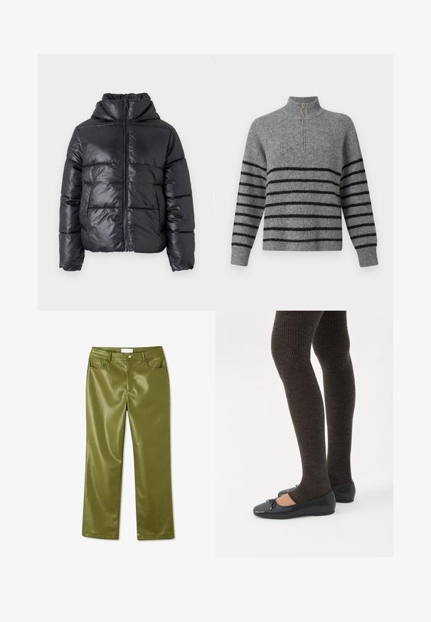 Sort dunjakke med en blank finish, lynlåslukning foran og høj krave. Har lodrette quiltede mønstre og elastiske manchetter.; Grå strikket sweater med høj krave, sorte vandrette striber, kvart-lynlås åbning med et guld ringtræk og ribbekantede ærmer.; Olivengrønne, høj-tiltalende faux læder bukser med en glat overflade, fire lommer og en knaplukning foran. Lige ben design.; Ben iført mørke ribbede leggings kombineret med sorte balletsko med små sløjfedetaljer på hvid baggrund.