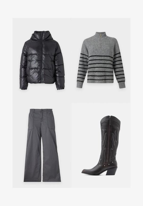Sort dunjakke med en blank finish, lynlåslukning foran og høj krave. Har lodrette quiltede mønstre og elastiske manchetter.; Grå strikket sweater med høj krave, sorte vandrette striber, kvart-lynlås åbning med et guld ringtræk og ribbekantede ærmer.; Grå vidde bukser med en glat tekstur, der har forlommer, knaplukning og syede detaljer langs sømmene.; Brune læder cowboystøvler med flammebroderi, sidelukning med lynlås, sølvnitter, spids snude og lagdelt hæl.