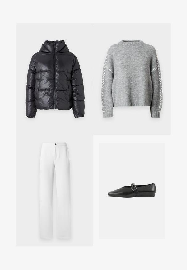 Sort dunjakke med en blank finish, lynlåslukning foran og høj krave. Har lodrette quiltede mønstre og elastiske manchetter.; JDY JDYZOEY LIFE - Striktrøje - light grey melange; Hvide bukser lavet af glat stof, med en lige ben-design, en enkelt knaplukning og sidelommer. Enkel og ren finish.; Sorte læder flade sko med spidse tæer, prydet med en metallisk spænde over vristen og en lav, fleksibel sål.
