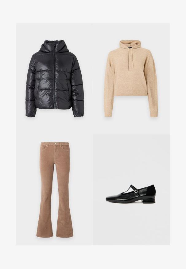 Sort dunjakke med en blank finish, lynlåslukning foran og høj krave. Har lodrette quiltede mønstre og elastiske manchetter.; Beige cropped striktrøje med lange ærmer og snorhætte, præsenteret på en hvid baggrund.; Brune fløjl flare bukser med en tekstureret overflade, der har fem lommer, knaplukning og bæltestropper.; Sorte Mary Jane-sko i læder med spids tå, lille blokhæl og justerbar rem med sølvspænde. Glat, blank tekstur.