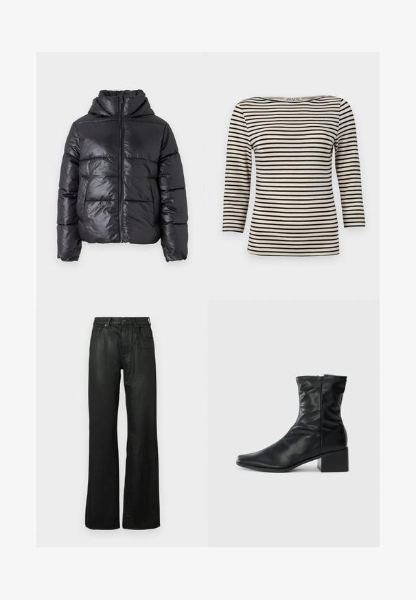 Sort dunjakke med en blank finish, lynlåslukning foran og høj krave. Har lodrette quiltede mønstre og elastiske manchetter.; Sort og creme stribet langærmet top med bådudskæring. Stoffet har en glat tekstur og ensartet mønster. Casual design med en afslappet pasform.; Sorte denim flared bukser med en glat tekstur, fem-pockets design, bæltestropper og lynlås-lukning med knap.; Sort læderstøvle til midten af læggen med firkantet tå, lynlås på siden og blokhæl på en ensfarvet hvid baggrund.