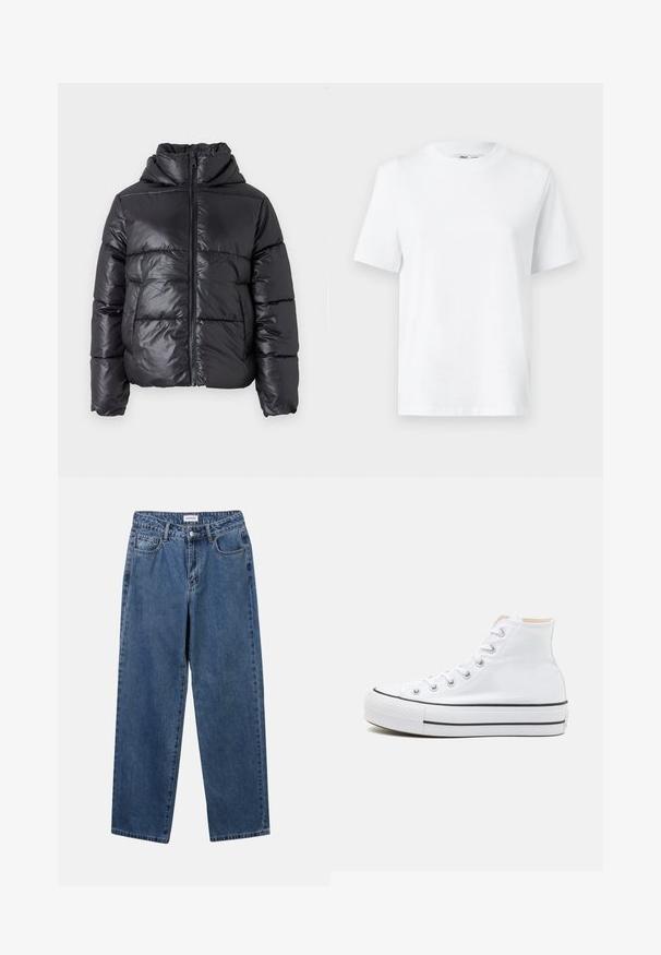 Sort dunjakke med en blank finish, lynlåslukning foran og høj krave. Har lodrette quiltede mønstre og elastiske manchetter.; Hvid bomulds T-shirt med rund hals, kortærmet og en glat tekstur. Designet med en afslappet pasform for komfort og alsidighed.; Klassiske blå denimbukser med lige ben, fem lommer og knaplukning. Har en medium vask og en robust tekstur.; Hvide høj-top sneakers lavet af kanvasmateriale, sort gummisål og kontrasterende sort stribe på mellemsålen. Rund tåhætte og snørebåndsdesign.