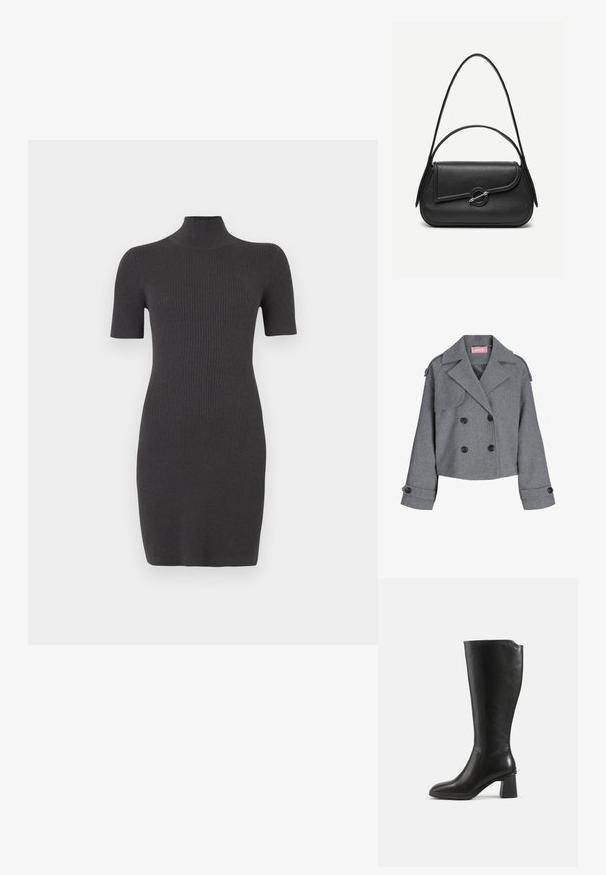 Grå dobbeltbreasted cropped frakke med brede revers, knapmanchetter og skulderpuder, med en lyserød JJXX-mærkat inde i kraven.; Ribbet sort kjole med høj hals og korte ærmer. Figurformet design, glat tekstur og knælængde.; Sort knæhøj læderstøvle med blokhæl og rundet tå, vist fra siden på en ensfarvet baggrund.; Sort læderhåndtaske med afrundede kanter, asymmetrisk klap, metalcirkulært spænde samt både korte og lange skulderstropper.