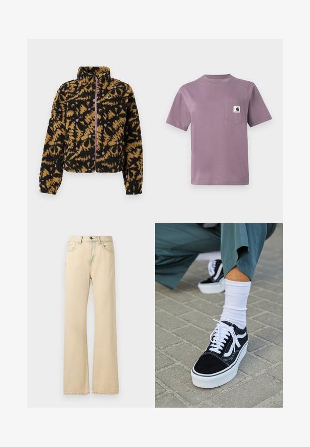Veste en polaire avec un motif abstrait de fleurs noir, marron et lavande, fermeture éclair sur le devant, et col montant.; T-shirt en coton lilas avec col rond, manches courtes et une poche poitrine gauche avec un label logo. Tissu lisse, coupe décontractée.; Jean large beige en denim, avec une taille haute, des poches avant, une fermeture à bouton et des coutures contrastées.; Baskets en suède noir avec des accents et des lacets blancs, présentant une épaisse semelle blanche et des coutures contrastantes, associées à une chaussette blanche.