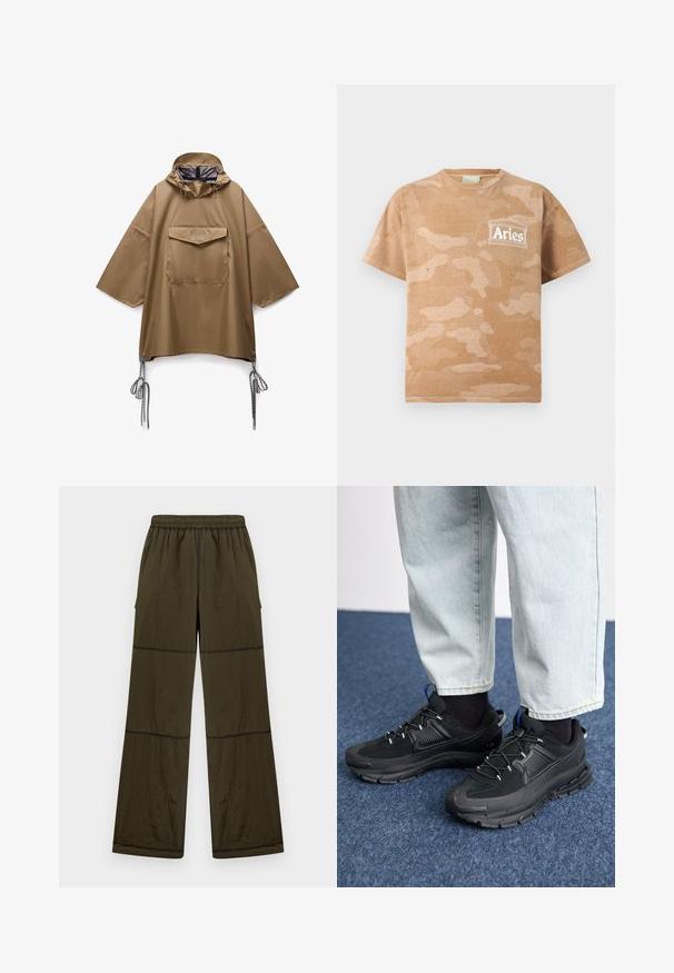 Poncho de pluie marron à capuche avec larges manches, poche à rabat sur le devant et cordons ajustables à l'ourlet de chaque côté.; T-shirt à manches courtes camouflage beige et beige clair avec logo blanc "Aries" et design colonne sur le côté gauche de la poitrine.; Pantalon ample vert olive foncé avec taille élastique, coutures visibles et poches latérales, présenté sur un fond clair uni.; Des chaussures de sport noires avec un tissu texturé et des semelles en caoutchouc, dotées de lacets élastiques et d'un accent bleu au talon. Portées avec un pantalon en denim clair.