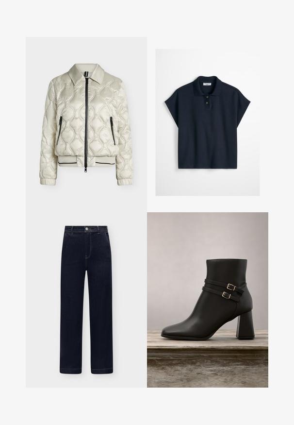 Veste matelassée beige clair avec fermeture éclair frontale, deux poches zippées, col, poignets élastiques et ourlet côtelé avec détail rayé noir.; Polo en maille bleu marine à manches courtes, avec col, deux boutons et ourlet droit.; Jean en denim bleu foncé taille haute, coupe droite, poches avant, fermeture à boutons et passants de ceinture sur fond clair.; Bottine noire en cuir lisse, dotée de deux sangles à boucle et d'un talon carré avec un léger accent translucide.