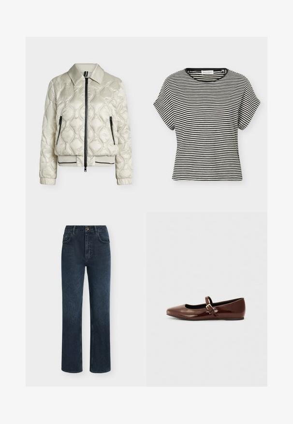 Veste matelassée beige clair avec fermeture éclair frontale, deux poches zippées, col, poignets élastiques et ourlet côtelé avec détail rayé noir.; T-shirt à manches courtes à rayures horizontales noires et blanches, col rond et coupe décontractée.; Jean denim bleu foncé droit avec bouton devant, fermeture éclair et design à cinq poches.; Ballerine en cuir verni marron avec un bout carré et une lanière ornée d'une petite boucle dorée. Texture lisse, talon bas et design minimaliste.
