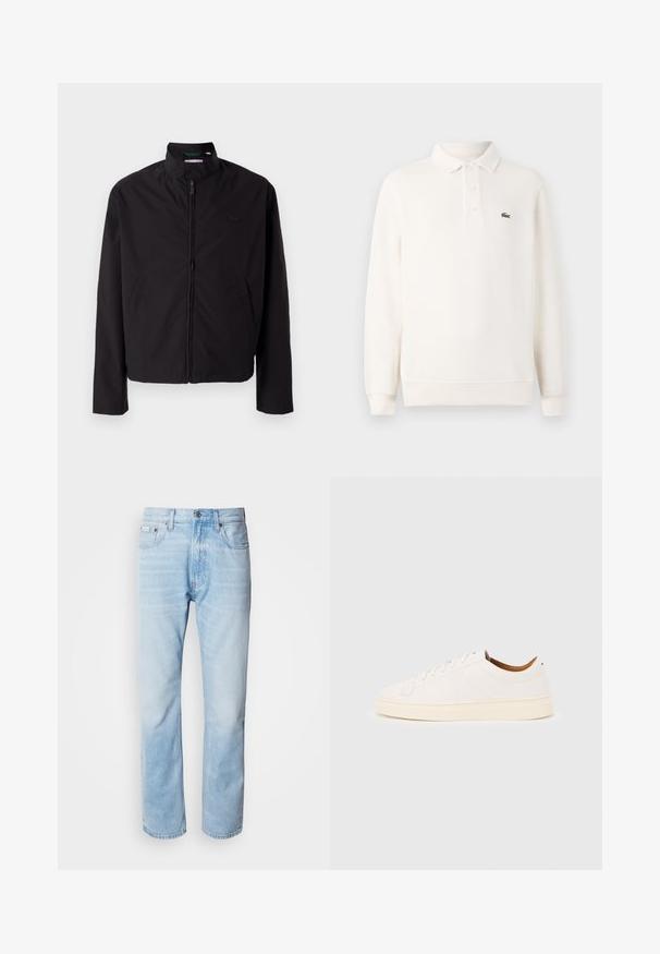 Zwarte lichtgewicht jas, ritssluiting, opstaande kraag, zijzakken, gladde stof, minimalistisch ontwerp met logo-accent op de borst.; Lange mouwen polo shirt in lichtroomcreme met een textuurgebreide stof, voorzien van een drie-knoopsluiting en een groene geborduurde logo op de borst.; Lichtblauwe denim jeans met een rechte pijp, met vervaagde delen, vijf-pocket ontwerp en een klassieke knoopsluiting.; Witte lage sneaker met vetersluiting, minimale stikdetails en een crèmekleurige zool op een lichtgrijze achtergrond.
