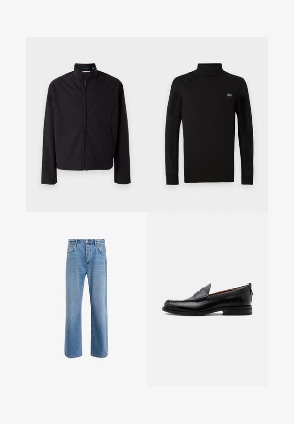 Sorte letvægtsjakke, lynlås lukning, opretstående krave, sidelommer, glat stof, minimalistisk design med logo accent på brystet.; Sort langærmet turtleneck lavet af glat bomuldsstof, med et lille grønt krokodillelogo på venstre bryst.; Lyseblå denim jeans med lige ben-design, fem lommer, knaplukning, minimal falming og kontraststingdetaljer.; Sort læder herre loafer med moc-tå syning, penny strop, struktureret krave og lav stablet hæl på hvid baggrund.