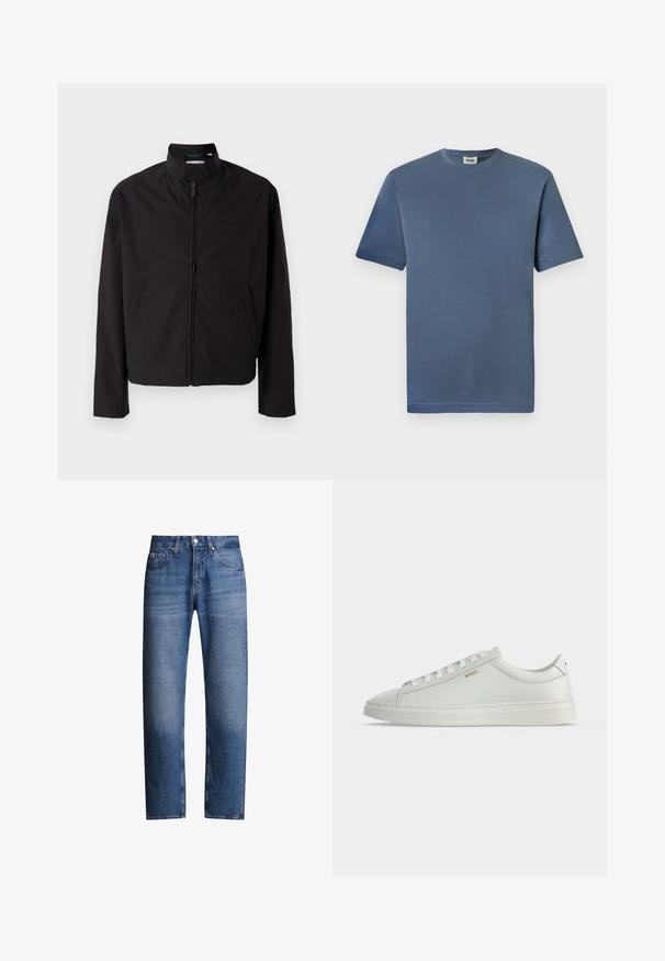 Veste légère noire, fermeture éclair, col montant, poches latérales, tissu lisse, design minimaliste avec accent logo sur la poitrine.; T-shirt en coton bleu avec un col rond et des manches courtes. Présente une texture lisse et un ourlet droit. Pas de motifs ou graphiques visibles.; Jeans en denim bleu avec une coupe droite, cinq poches et une fermeture éclair. Présente une légère décoloration et des coutures le long des coutures.; Baskets basses blanches en cuir avec lacets, semelle plate et petit logo doré "BOSS" sur le côté, vues de l'extérieur.