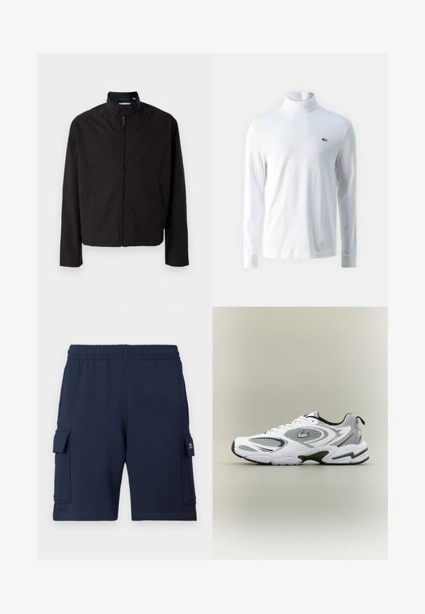 Sorte letvægtsjakke, lynlås lukning, opretstående krave, sidelommer, glat stof, minimalistisk design med logo accent på brystet.; Hvid langærmet turtleneck trøje lavet af blødt stof, med et lille grønt broderet logo på brystet og tætsiddende mancher.; Marineblå cargoshorts lavet af blødt stof, med elastisk taljebånd, to sidelommer og et lille logo på venstre lomme.; Hvid og grå sporty løbesko med mesh-paneler, grønne detaljer, sorte elementer og et logo på siden, vist fra ydersiden.