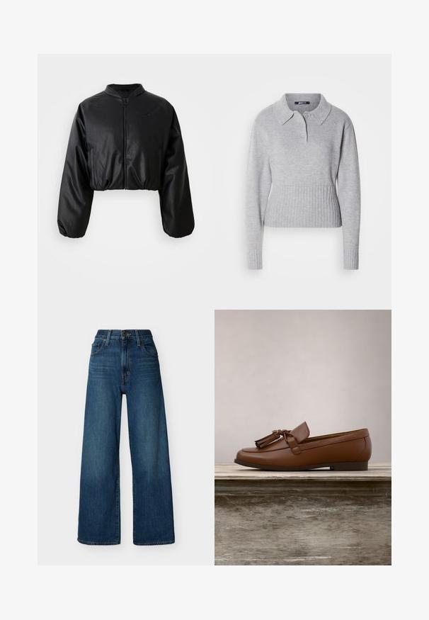 Zwarte cropped bomberjack met een gladde, nepleer structuur, ritsluiting en elastische manchetten voor een getailleerd silhouet.; Grijze gebreide trui met een kraagnek, drie knopen en een geribde zoom. Voorzien van lange mouwen en een zachte textuur.; Blauwe spijkerbroek met hoge taille en brede pijpen, voorzien van een knoop- en ritssluiting aan de voorkant, riemlussen en voorzakken, afgebeeld op een effen achtergrond.; Bruine leren loafer met kwastjes, balancerend op de rand van een houten tafel, met groene bladeren wazig op de achtergrond.