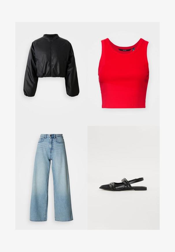 Čierna skrátená bomber bunda s hladkou, umelými kožou podobnou textúrou, zapínaním na zips a pružnými manžetami pre priliehavý strih.; Červený skrátený top z rebrovanej látky, so zaobleným výstrihom a širokými ramienkami, s hladkým povrchom.; Svetlomodré široké džínsy s vysokým pásom vyrobené z denimu, s dizajnom piatich vreciek a jemným vyblednutím pre textúru.; Even&Odd Balerínky na šnúrky - black