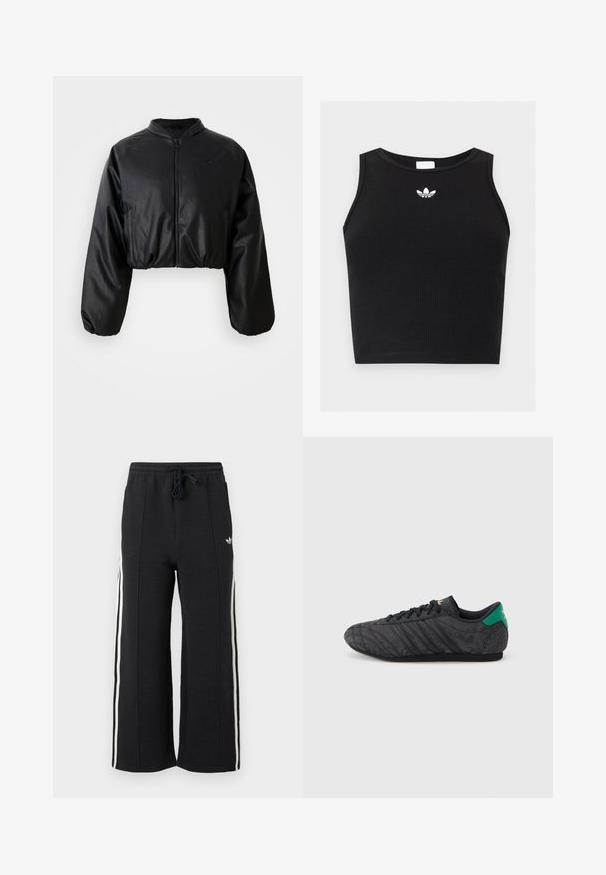 Zwarte cropped bomberjack met een gladde, nepleer structuur, ritsluiting en elastische manchetten voor een getailleerd silhouet.; Zwarte geribbelde mouwloze cropped top met ronde hals en klein wit Adidas trefoil-logo gecentreerd bij de kraag.; Zwarte, textuurgevoerde wijde trainingsbroek met witte zijstrepen en een elastische tailleband met trekkoord, met een klein wit logo op de heup.; Zwarte sneakers met een laag profiel, een subtiel bloemenpatroon, zwarte veters, een groene hielband en een gouden logo op de tong en hiel.