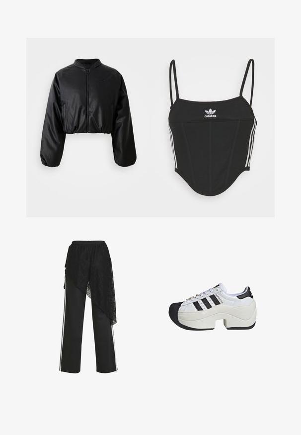 Schwarze, taillierte Bomberjacke aus glattem, kunstlederähnlichem Material, mit Reißverschluss und elastischen Bündchen für eine figurbetonte Silhouette.; Schwarzes, geripptes Crop Top mit verstellbaren dünnen Trägern, das drei weiße Streifen an den Seiten und ein kleines weißes Adidas-Logo in der Mitte aufweist.; Schwarze Hosen mit weitem Bein, weißen Seitenstreifen und einem asymmetrischen schwarzen Spitzenüberzug, der auf der linken Seite drapiert ist.; Klobige weiße Sneakers mit schwarzen Akzenten, mit drei Streifen Design, abgerundeter Spitze, einzigartiger dicker Sohle und dekorativen Schnürsenkelschlaufen.