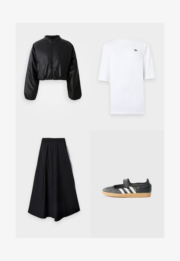 Schwarze, taillierte Bomberjacke aus glattem, kunstlederähnlichem Material, mit Reißverschluss und elastischen Bündchen für eine figurbetonte Silhouette.; Weißes Adidas-T-Shirt mit kurzen Ärmeln und kleinem schwarzem Trefoil-Logo auf der linken Brust.; Schwarze weit geschnittene Hose mit elastischem Bund und weißen Seitenstreifen, vor einem schlichten weißen Hintergrund präsentiert.; Schwarze Leder- und Wildledersneaker mit einem Klettverschluss, ausgestattet mit drei weißen Streifen und einer Gummisohle, beschriftet mit "SAMBA" an der Seite.