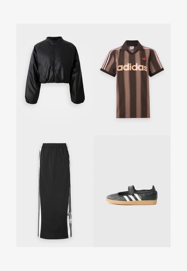 Zwarte cropped bomberjack met een gladde, nepleer structuur, ritsluiting en elastische manchetten voor een getailleerd silhouet.; Bruine gestreepte Adidas polo met V-hals, bordeauxrode kraag en rood logo. Heeft witte en rode schouderstrepen, korte mouwen.; Zwarte lange sportieve rok met witte zijpanelen en zwarte strepen, elastische tailleband en Adidas logo patch nabij de onderzoom.; Zwarte leren en suède sneaker met een klittenbandsluiting, voorzien van drie witte strepen en een gumzool, met de naam "SAMBA" aan de zijkant.
