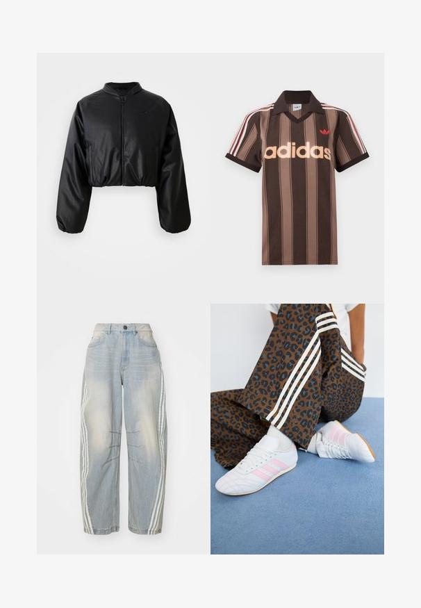 Sort cropped bomberjakke med en glat skalobt lædertekstur, lynlåslukning og elastiske manchetter for en tætsiddende silhuet.; Brunstribet Adidas polo-shirt med V-hals, bordeaux krave og rødt logo. Har hvide og røde skulderstriber samt korte ærmer.; Lyseblå denimjeans med løs pasform, der har hvide striber ned langs siderne, slidte detaljer og knaplukning i taljen.; Hvide atletiske sko med lyserøde striber, kombineret med brune leopardmønstret bukser med hvide sidelister, på et blåt tæppe.