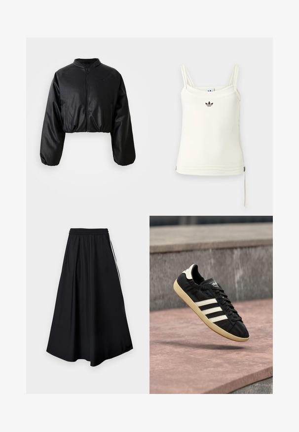 Schwarze, taillierte Bomberjacke aus glattem, kunstlederähnlichem Material, mit Reißverschluss und elastischen Bündchen für eine figurbetonte Silhouette.; Cremefarbenes Tanktop mit dünnen Trägern; Adidas-Logo in Schwarz auf der Brust. Glatter Stoff mit Kordelzug-Detail am Saum. Einfaches Design.; Schwarze weit geschnittene Hose mit elastischem Bund und weißen Seitenstreifen, vor einem schlichten weißen Hintergrund präsentiert.; Schwarzer Adidas-Sneaker mit weißen Streifen und beiger Sohle, in der Luft über einer steinernen Oberfläche und mit Steinwand im Hintergrund aufgenommen.