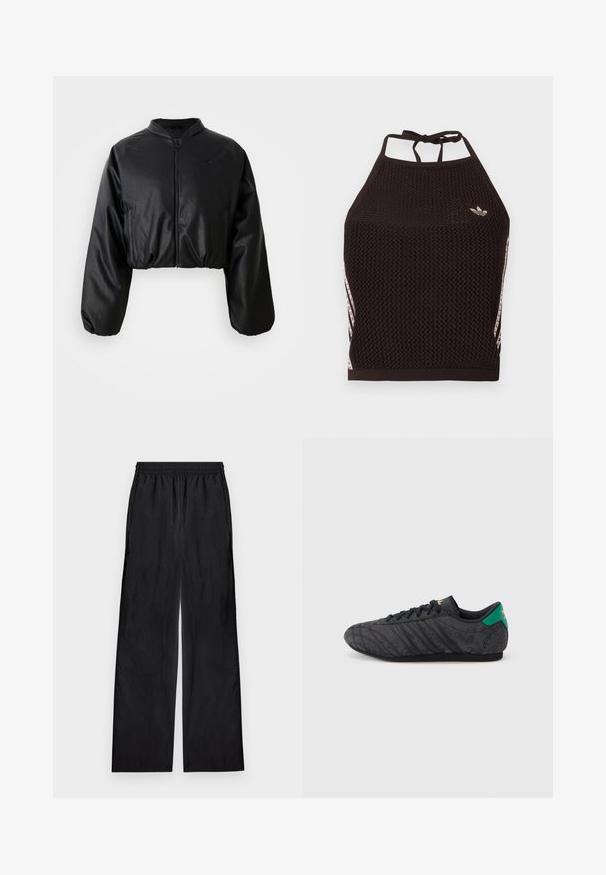 Chaqueta bomber corta negra con una textura suave de cuero sintético, cierre de cremallera y puños elastizados para un ajuste ceñido.; Top corto de malla negra tipo halter con un diseño texturizado. Cuenta con franjas de acento rosa y un pequeño logotipo en el frente. Cierre con lazada en la espalda.; Pantalones negros de pierna ancha con cintura elástica, hechos de tela ligera, mostrados planos sobre un fondo claro.; Zapatilla negra de perfil bajo con un sutil patrón floral, cordones negros, lengüeta trasera verde y logo dorado en la lengüeta y el talón.