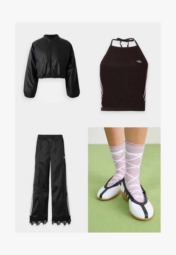 Sort cropped bomberjakke med en glat skalobt lædertekstur, lynlåslukning og elastiske manchetter for en tætsiddende silhuet.; Sort mesh halter crop top med tekstureret design. Har pink accentstriber og en lille logo foran. Lukning med bånd bagpå.; Sorte vidde løbebukser med hvide sidelister, elastisk talje og sort blondekant ved kanten mod en lys baggrund.; Ben iført ribbet lilla sokker med hvide krydsede stropper kombineret med hvide balletsko med sort kant på grøn gulv.