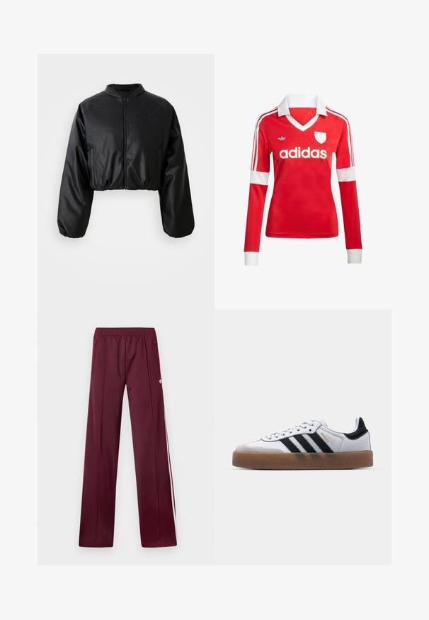 Zwarte cropped bomberjack met een gladde, nepleer structuur, ritsluiting en elastische manchetten voor een getailleerd silhouet.; Rode lange mouwen voetbalshirt met een witte kraag en manchetten. Heeft drie witte strepen op de schouders en het "adidas" logo prominent weergegeven.; Wijnrode trainingsbroek met elastische tailleband, zijzakken met rits, witte zijstrepen en een klein wit Adidas-logo op de rechterdij.; Witte leren sneakers met zwarte strepen, gumrubberen buitenzool, ronde neus, vetersluiting en een zachte grijze suède neuskap.