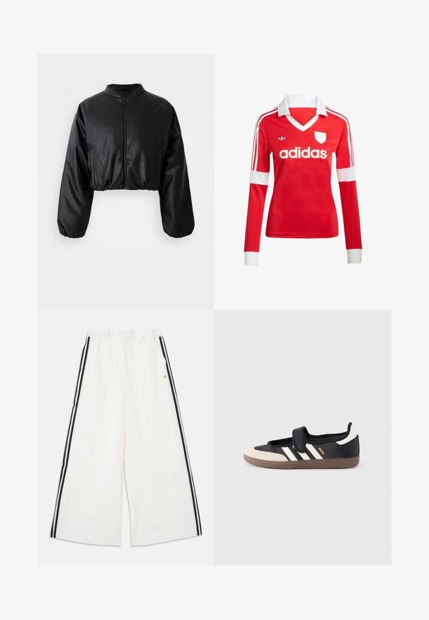 Schwarze, taillierte Bomberjacke aus glattem, kunstlederähnlichem Material, mit Reißverschluss und elastischen Bündchen für eine figurbetonte Silhouette.; Rotes Fußballtrikot mit langen Ärmeln, weißem Kragen und weißen Ärmelbündchen. Es hat drei weiße Streifen auf den Schultern und das "adidas"-Logo ist auffällig platziert.; Weiße Hose mit weitem Bein, mit schwarzen und weißen Seitenstreifen und einem elastischen Bund, mit einem kleinen goldenen Logo auf der rechten Seite.; Schwarzer und beiger Sneaker mit Klettverschluss, drei weißen Streifen an der Seite und einer strukturierten braunen Gummisohle. Markenlogo sichtbar.