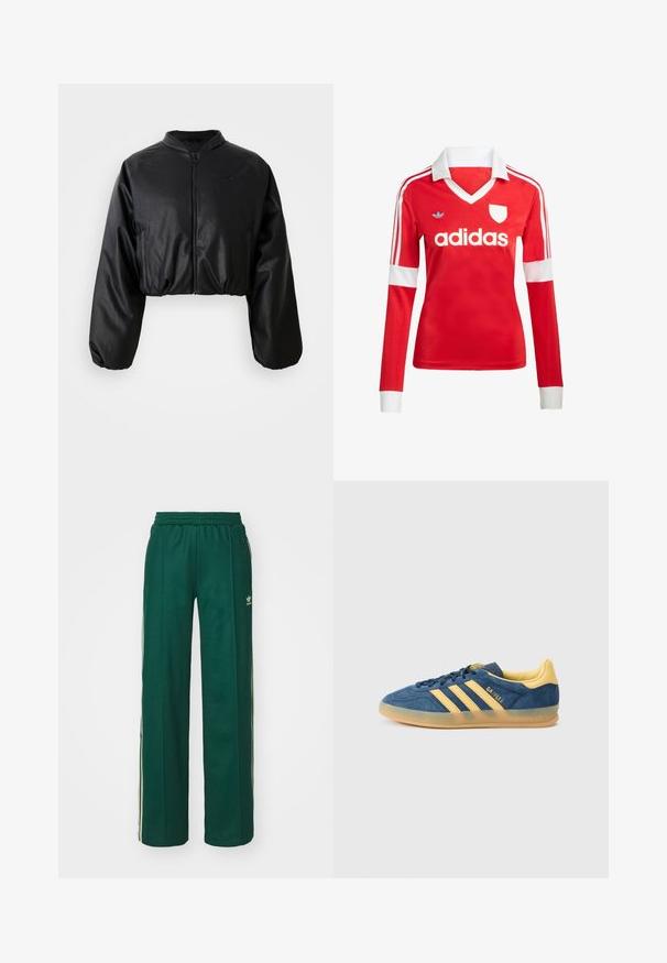 Zwarte cropped bomberjack met een gladde, nepleer structuur, ritsluiting en elastische manchetten voor een getailleerd silhouet.; Rode lange mouwen voetbalshirt met een witte kraag en manchetten. Heeft drie witte strepen op de schouders en het "adidas" logo prominent weergegeven.; Donkergroene sportbroek met een relaxte pasvorm, voorzien van een trekkoord in de taille, zijzakken en crèmekleurige strepen aan de zijkanten.; Blauwe suède sneaker met gele accenten, voorzien van drie gele strepen, een gestructureerde tong en een doorschijnende gumzool. Merknaam "Gazelle" is zichtbaar.
