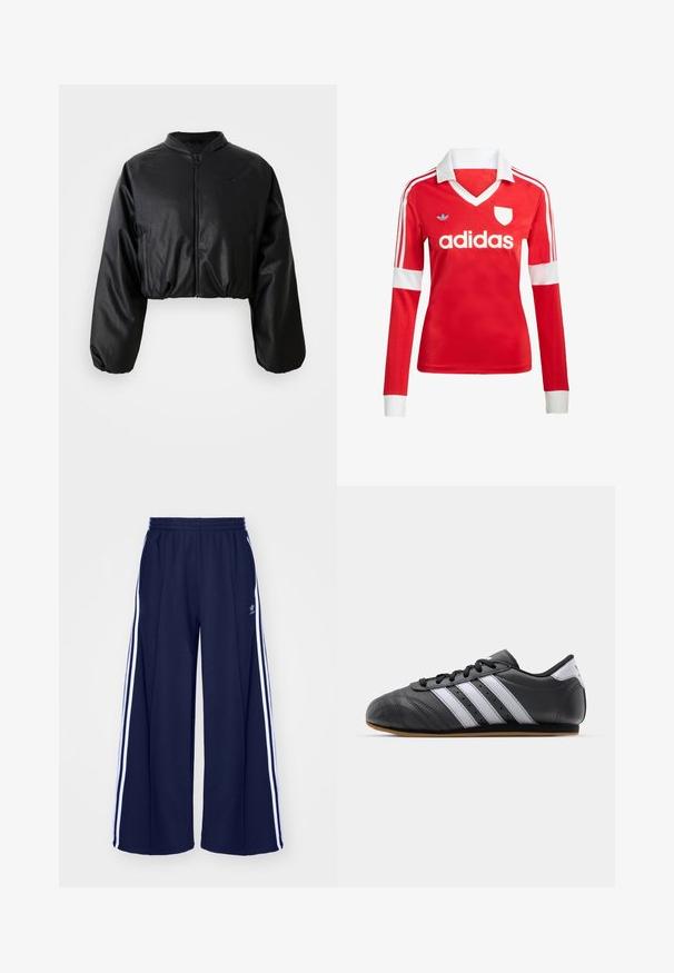 Zwarte cropped bomberjack met een gladde, nepleer structuur, ritsluiting en elastische manchetten voor een getailleerd silhouet.; Rode lange mouwen voetbalshirt met een witte kraag en manchetten. Heeft drie witte strepen op de schouders en het "adidas" logo prominent weergegeven.; adidas Originals PANT - Trainingsbroek - night indigo; Zwarte leren sportschoen met witte strepen, ronde neus, platte zool en vetersluiting. Bevat perforaties voor ademend vermogen.