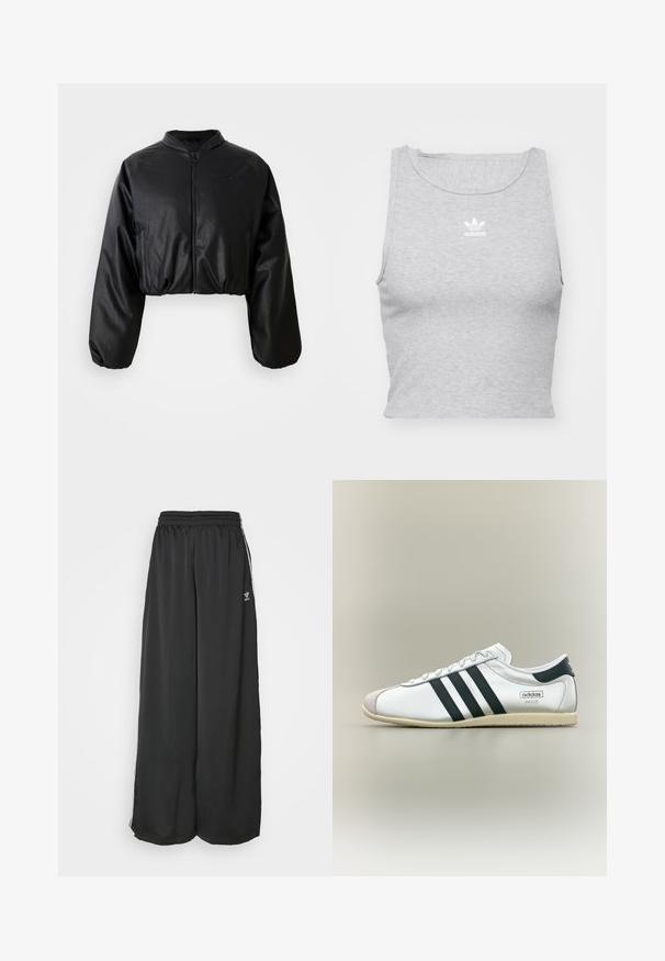 Schwarze, taillierte Bomberjacke aus glattem, kunstlederähnlichem Material, mit Reißverschluss und elastischen Bündchen für eine figurbetonte Silhouette.; Graues, ärmelloses Crop-Top aus weichem Stoff, mit Rundhalsausschnitt und kleinem weißen Adidas-Logo auf der Brust.; Schwarze, locker sitzende Jogginghosen aus glattem Material. Mit elastischem Bund und seitlichen Streifen mit Logo-Akzenten.; Weißer Adidas Paris Sneaker mit schwarzen Streifen, beiger Sohle und Wildleder-Zehenkappe, von der Seite auf neutralem Hintergrund gezeigt.