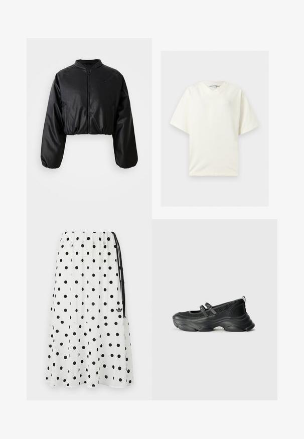 Sort cropped bomberjakke med en glat skalobt lædertekstur, lynlåslukning og elastiske manchetter for en tætsiddende silhuet.; Hvid oversized T-shirt med korte ærmer og V-udskæring, lagt fladt ud med en TOPSHOP label indeni kraven.; Hvid midilang nederdel med sorte polkaprikker, elastisk taljebånd, bånd i siden og lille sort Adidas-logo nederst på højre side.; Sorte sko med et struktureret mesh-overdel, rund tå, to justerbare stropper og en chunky, bølget sål for ekstra støtte.
