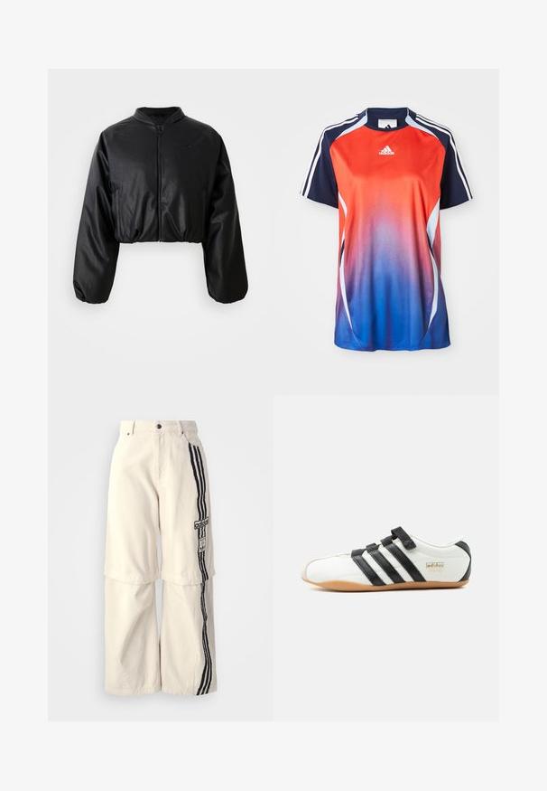 Μαύρο cropped bomber jacket με απαλή, τεχνητή δερμάτινη υφή, κλείσιμο με φερμουάρ και ελαστικούς καρπούς για εφαρμόζουσα σιλουέτα.; Φανέλα σπορ Adidas με κοντά μανίκια, που διαθέτει βαθμιαία αλλαγή χρώματος από κόκκινο σε μπλε, με ναυτικές λεπτομέρειες και λευκές ρίγες στους ώμους.; Μπεζ παντελόνια σε φαρδιά γραμμή, κατασκευασμένα από βαμβάκι, με μαύρη τριπλή ρίγα στο πλάι και λογότυπο Adidas στο μηρό.; Λευκό sneaker Adidas Tokyo με μαύρες ρίγες, μαύρες λουράκια βέλκρο και σόλα από καουτσούκ, εμφανιζόμενο από το πλάι σε λευκό φόντο.