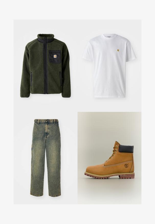 Veste en polaire verte avec un col montant, accents noirs, poche poitrine zippée et poches latérales. Surface texturée, matériau durable.; T-shirt en coton blanc à manches courtes, col rond, avec un petit logo doré sur la poitrine gauche. Texture douce et coupe régulière.; Jeans en denim ample avec un délavage bleu et vert. Comprend une fermeture à bouton, des passants de ceinture et des poches latérales. Pas de pli à l'avant et design à jambe droite.; Bottine en cuir marron avec col noir, lacets jaunes et semelle beige. Présente un logo et des détails de couture blanche. Semelle extérieure à traction robuste.