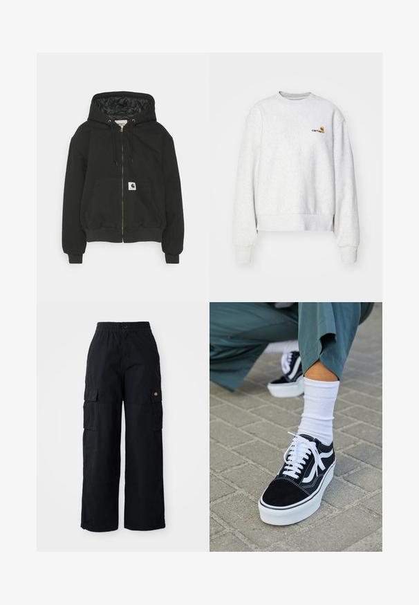 Sweatshirt à capuche noir avec zip sur le devant, poignets élastiques, grande poche frontale et doublure intérieure matelassée. Patch logo Carhartt sur la poche.; Sweatshirt gris à col rond en tissu doux avec des poignets et un ourlet côtelés ; présente un logo brodé sur la poitrine en jaune et bordeaux.; Pantalons cargo noirs avec une taille élastique et un bouton. Comprend deux grandes poches latérales et un logo en patch sur la jambe gauche. Design à jambes larges.; Baskets en suède noir avec des accents et des lacets blancs, présentant une épaisse semelle blanche et des coutures contrastantes, associées à une chaussette blanche.