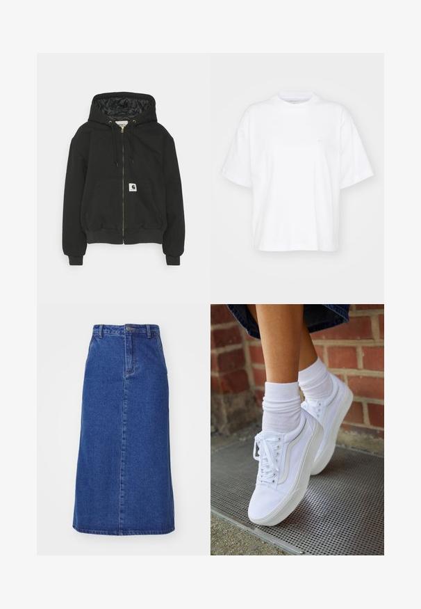 Sweatshirt à capuche noir avec zip sur le devant, poignets élastiques, grande poche frontale et doublure intérieure matelassée. Patch logo Carhartt sur la poche.; T-shirt en coton blanc avec un col rond, des manches courtes et une coupe décontractée. Présente un logo discret sur la zone gauche de la poitrine. Texture lisse.; Jupe en denim bleu foncé, dotée d'une taille ajustée, d'une silhouette droite et de coutures avant, avec un ourlet qui tombe sous le genou.; Baskets en toile blanches avec semelles en caoutchouc, dotées de six œillets, d'un bout rond et de détails de couture légers, portées avec des chaussettes blanches mi-mollet.