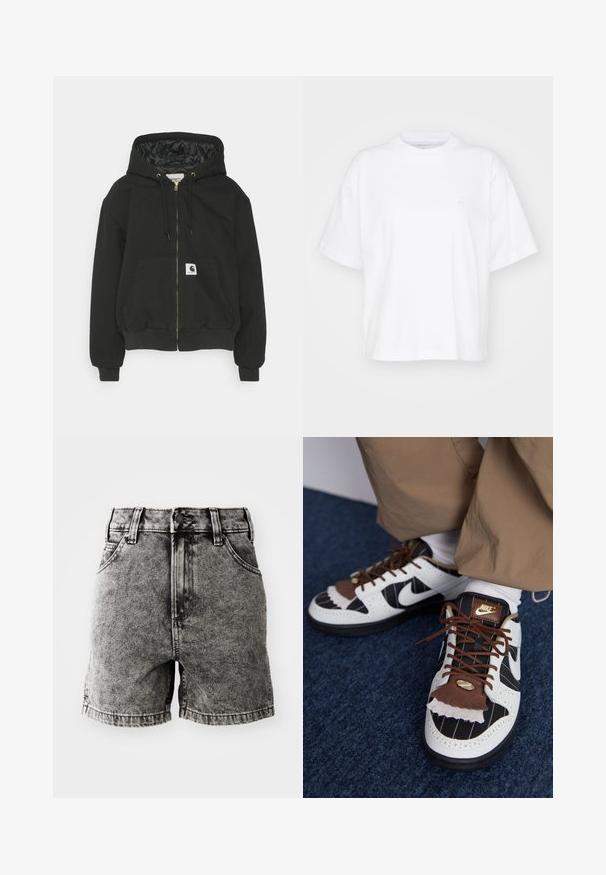 Sweatshirt à capuche noir avec zip sur le devant, poignets élastiques, grande poche frontale et doublure intérieure matelassée. Patch logo Carhartt sur la poche.; T-shirt en coton blanc avec un col rond, des manches courtes et une coupe décontractée. Présente un logo discret sur la zone gauche de la poitrine. Texture lisse.; Shorts en denim noir présentant une taille haute, un design à cinq poches, et une texture usée avec des coutures visibles et des détails en métal.; Baskets Nike avec des matériaux blancs, noirs et bruns. Caractéristiques d'un rabat texturé en brun, d'un design rayé et de laçage traditionnel avec des accents dorés.