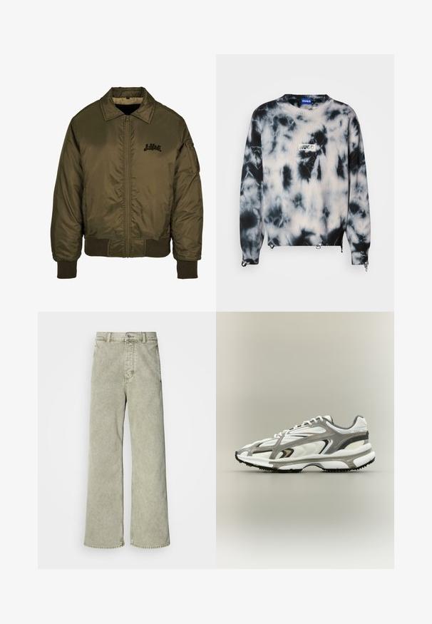 Oliven grøn bomberjakke med lynlås front, ribbede manchetter og kant, samt et lille sort logo på brystet. Glat, skinnende stoftekstur.; Sort-hvid tie-dye sweater med ribbet struktur, med en rektangulær logo-patch og justerbare snore i kanten.; Lys grøn brede jeans med høj talje, lavet af denim, med knaplukning og klassisk fem-lommer design.; Sportssko med en hvid mesh-overdel, grå accenter, sort gummisål og et strømlinet design. Har snørebånd og strukturerede detaljer.