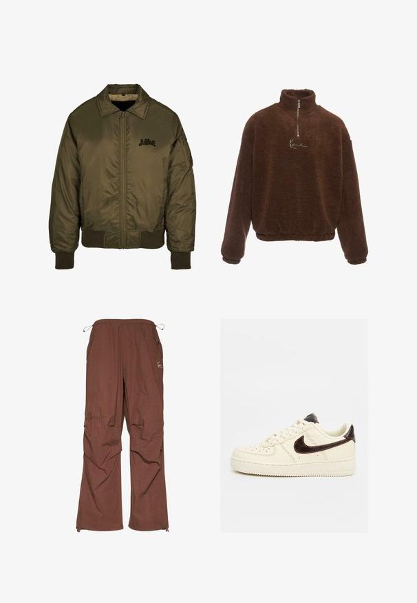 Veste bomber vert olive avec fermeture éclair à l'avant, poignets et ourlet côtelés, et un petit logo noir sur la poitrine. Texture de tissu lisse et brillant.; Pull en polaire marron avec col montant, fermeture éclair partielle à l'avant et manches longues. Présente un logo blanc sur la poitrine. Tissu doux et texturé.; Pantalons cargo marron avec une taille élastique et un cordon de serrage ajustable, dotés de poches latérales et d'une coupe décontractée. Texture lisse, tissu léger.; Sneakers basses beige Nike Air Force 1 avec logo swoosh noir, lacets beiges et semelle beige sur fond neutre.