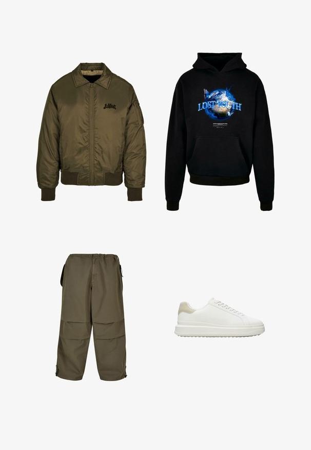 Olivovo zelená bomber bunda so zipsom vpredu, rebrovanými manžetami a spodným lemom a malým čiernym logom na hrudi. Hladká, lesklá textúra látky.; Čierna mikina s kapucňou, ktorá obsahuje grafický dizajn Zeme, modré plamene a motýle, s výrazným nápisom "ZTRATENÁ MLADOSŤ".; Khaki cargo nohavice s elastickým pásom, bočnými vreckami a použitím patentkov. Látka má hladkú, ľahkú textúru.; Biele tenisky z hladkej kože s textúrovaným béžovým opätkom, vybavené okrúhlymi šnúrkami, nízkym profilom a gumovou podrážkou.