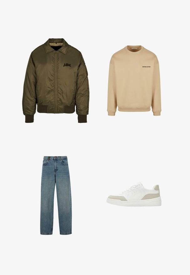 Olivovo zelená bomber bunda so zipsom vpredu, rebrovanými manžetami a spodným lemom a malým čiernym logom na hrudi. Hladká, lesklá textúra látky.; Bežová mikina vyrobená z bavlny, s okrúhlym výstrihom, rebrovanými manžetami a lemom. Text "ANOTHER COTTON" v čiernej farbe na prednej strane.; Vyblednuté modré denimové džínsy so strihom rovného nohavice, štýlom s piatimi vreckami a zapínaním pomocou gombíka. Materiál vykazuje miernu textúru a opotrebovanie.; Nízke biele tenisky s béžovými semišovými detailmi, šnurovanie na šnúrky a hrubá biela podrážka, zobrazené z vonkajšej strany na bielom pozadí.