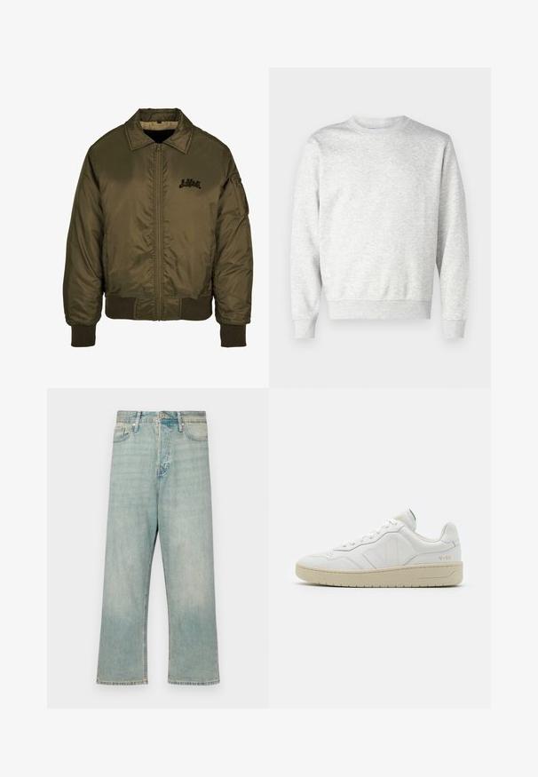Veste bomber vert olive avec fermeture éclair à l'avant, poignets et ourlet côtelés, et un petit logo noir sur la poitrine. Texture de tissu lisse et brillant.; Sweatshirt gris en tissu doux. Présente un col rond, des manches longues, des poignets côtelés et un ourlet côtelé. Design simple et sans ornement.; Jean en denim bleu clair avec une coupe décontractée, jambes droites et finition délavée ; il dispose d'une fermeture classique à bouton et à zip.; Baskets en cuir blanc avec une finition texturée et un col rembourré. Elles sont dotées d'une semelle en caoutchouc beige et d'une discrète branding sur le talon et le côté.