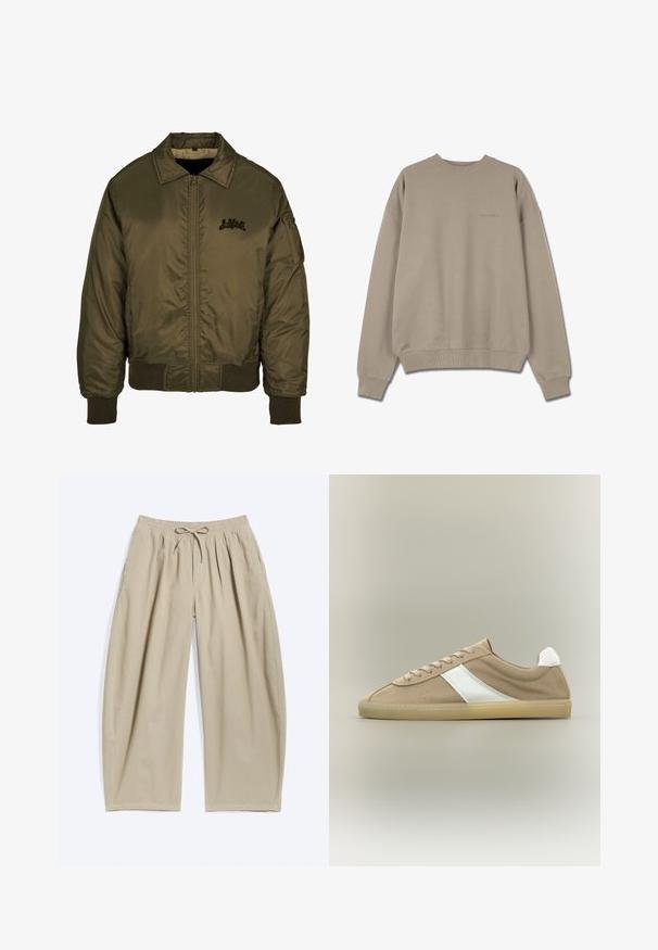 Olivgrüne Bomberjacke mit Reißverschluss, gerippten Bündchen und Saum sowie einem kleinen schwarzen Logo auf der Brust. Glatte, glänzende Stofftextur.; Beige Sweatshirt mit rundem Ausschnitt, gerippten Bündchen und Saum. Mit besticktem Text auf der Brust. Hergestellt aus weichem, strukturiertem Stoff.; Beige Hosen mit weitem Bein, elastischem Bund mit Kordelzug, seitlichen Taschen und lockerem, lässigem Schnitt.; Hellbrauner Wildleder-Sneaker mit beiger Sohle, weißem Fersenlasche, weißem Seitenstreifen und Schnürverschluss auf neutralem Hintergrund.