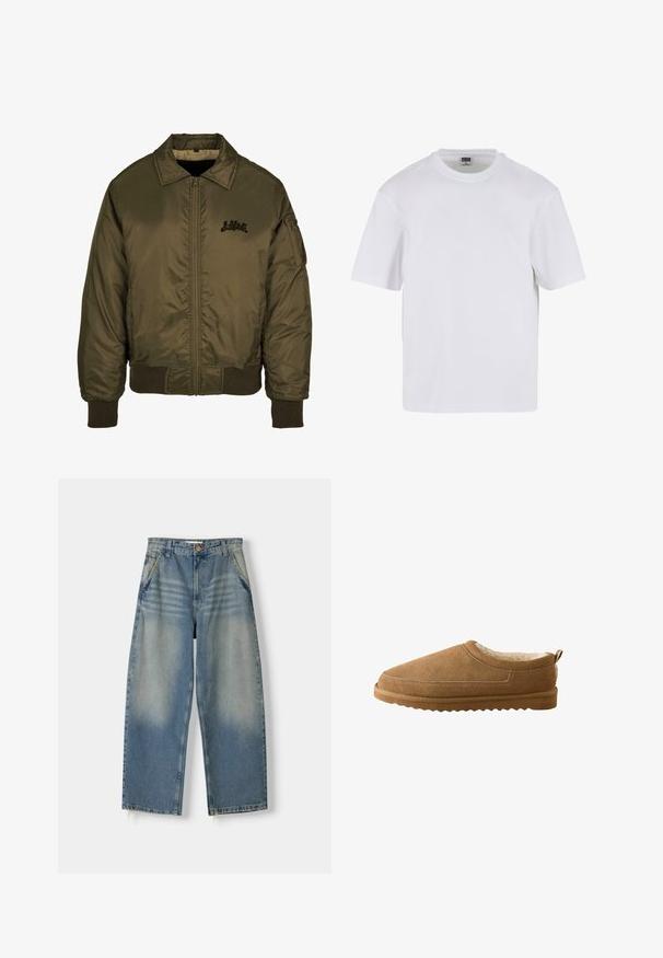 Olivovo zelená bomber bunda so zipsom vpredu, rebrovanými manžetami a spodným lemom a malým čiernym logom na hrudi. Hladká, lesklá textúra látky.; Biela polokošeľa s krátkym rukávom vyrobená z bavlny. Má okrúhly výstrih a voľný strih. Hladká textúra, minimalistický dizajn, bez vzorov alebo akcentov.; Svetlomodré denimové široké nohavice s vyblednutým povrchom, päťvreckovým dizajnom a surovým lemom. Obsahuje predné zapínanie na gombík a zips.; Hnedé semišové šľapky bez remienka s jemným krémovým vnútorným podšívaním a textúrovanou gumovou podrážkou, zobrazené z boku na bielom pozadí.