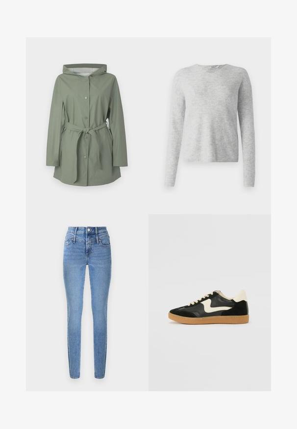 Imperméable à capuche vert clair avec des boutons-pression à l'avant et une ceinture en tissu nouée à la taille, présenté sur un fond blanc.; Pull en maille gris avec une texture côtelée, des manches longues et un décolleté en V. Apparence simple et minimaliste.; Jean skinny en denim bleu clair avec une taille haute, deux poches avant et une braguette zippée. Présente une texture lisse et un léger effet délavé.; Baskets en daim et cuir noir avec un swoosh latéral crème et un talon crème clair. Dotées de lacets beige et d'une semelle en caoutchouc gomme.