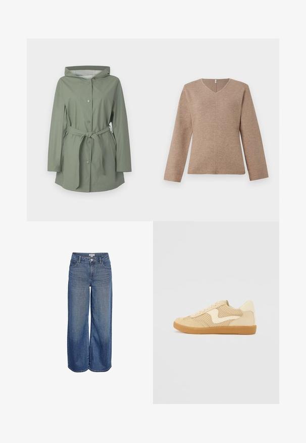 Imperméable à capuche vert clair avec des boutons-pression à l'avant et une ceinture en tissu nouée à la taille, présenté sur un fond blanc.; Pull à col en V en tricot brun clair, doté de manches longues et d'un détail de couture central pour un ajustement décontracté. Texture douce, design minimaliste.; Jean en denim bleu à jambes larges avec fermeture avant par boutons et zip, passants de ceinture et poches avant et arrière.; Sneaker beige avec des matériaux en daim et en maille, forme arrondie, col rembourré proéminent et semelle en caoutchouc gomme. Présente un accent de design en forme de vague.