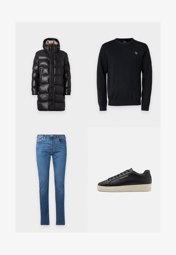Must värvitud puffjakker läikiva viimistlusega, millel on kõrge krae, esine tõmblukk ja kaks külgtaskut. Isolatsiooniga disain horisontaalsete õmblustega.; PS Paul Smith CREW NECK - Džemper - black; Sinised denim teksad sirge lõikega, viie tasku ja nööpidega minekuga. Kangas on sileda tekstuuriga ja kergelt pleekinud detailidega.; Must have nahkased jalatsid sujuva viimistlusega, kontrastse kreemja talla, ümarate varvastega, kuldse logoga külgedel ja kuue silmaga nööride jaoks.