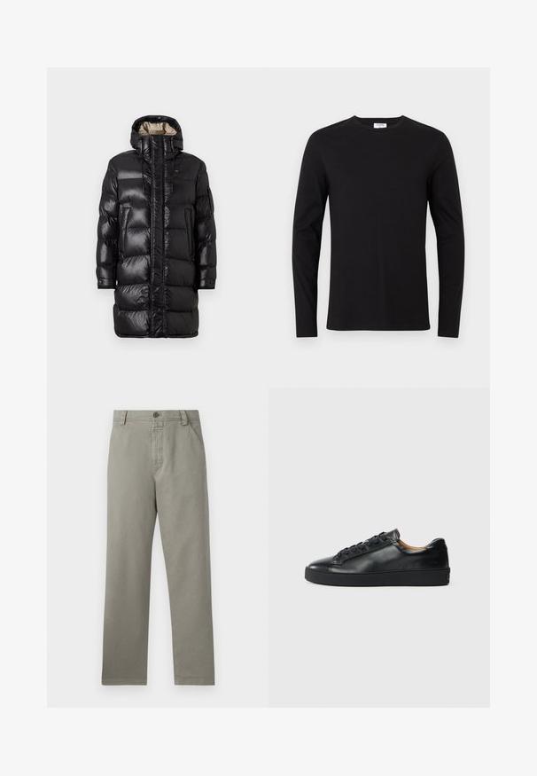 Schwarze Pufferjacke mit glänzender Oberfläche, hohem Kragen, Frontreißverschluss und zwei seitlichen Taschen. Isoliertes Design mit horizontaler Steppung.; Schwarzes Langarm-T-Shirt aus Baumwolle mit Rundhalsausschnitt und einem schlichten Design ohne sichtbare Muster oder Verzierungen.; Hellegraue Baumwollhose mit geradem Bein, Gürtelschlaufen und einer einzelnen Knopfverschluss am Bund.; Schwarze Leder-Sneaker mit glatter Textur, runder Zehenpartie und Schnürverschluss. Verfügt über eine dicke Gummisohle und minimalistische Marken-Details.