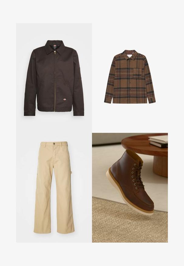 Brown zip-up jacket with a collared neckline, side pockets, and a small logo patch. Made of sturdy fabric, featuring long sleeves.; Brown plaid shirt made of soft fabric with long sleeves, button closure, a collar, and a single chest pocket featuring multicolored stripes.; Beige wide-leg cargo pants with a button closure, featuring side pockets, made of sturdy cotton fabric, smooth texture, and straight-cut design.; Brown leather ankle boot with beige sole on a textured beige rug next to a round wooden table with stacked books.
