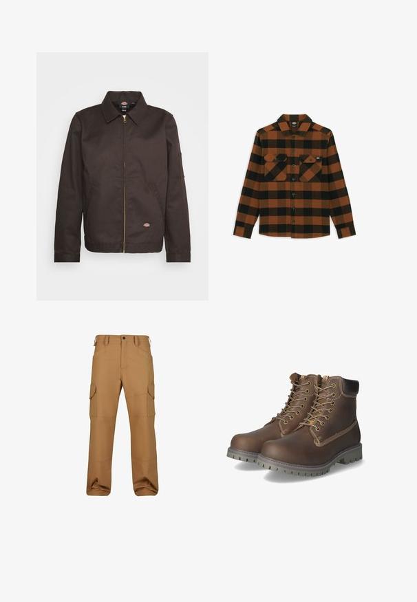 Veste zippée marron avec un col, des poches latérales et un petit patch logo. Confectionnée en tissu robuste, elle possède des manches longues.; Chemise à manches longues en motif écossais orange et noir, fabriquée dans un tissu texturé. Comprend deux poches poitrine et une fermeture à boutons.; Pantalons cargo marron en tissu durable, dotés de plusieurs poches, d'une coupe décontractée et de détails de couture renforcée.; Bottines en cuir marron avec lacets, col rembourré, coutures contrastantes et semelle en caoutchouc robuste avec motifs de traction.